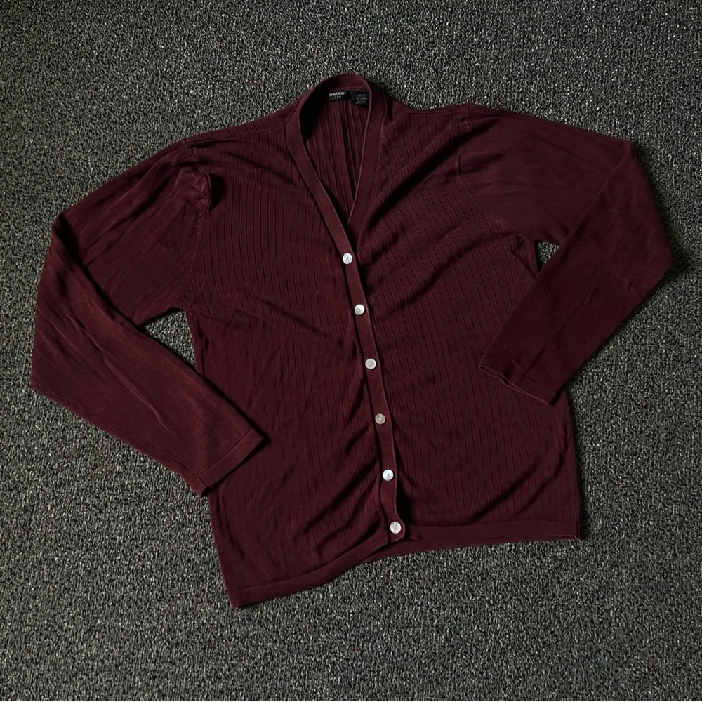 Maroon Burgundy Vintage 100% Silk Cardigan Ribbed Modest Long-Sleeve Sweater S